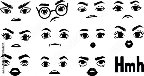 Collection of expressive black line art eyes and lips with various emotions showing in flat design style on white background