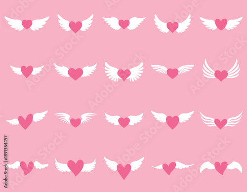Pink heart with white wings. Set of cute love symbols. Heart tattoo. Pink and white color icons. Hearts for design. Love, romance vector icons. For gifts, Valentine's Day, birthday, party decor, cards