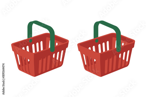 Two red shopping baskets with green handles on a white background