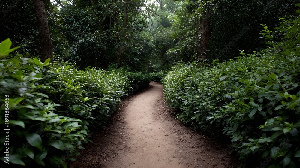 Naklejka premium A winding dirt path leads through a lush green forest bordered by dense bushes and trees