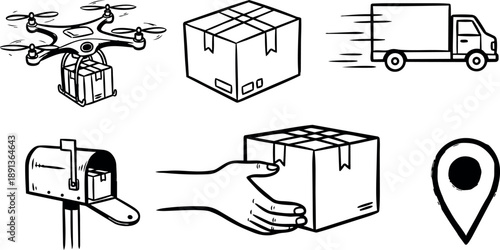Monochrome vector icons of drone delivery, parcel box, mail truck, mailbox, hand holding package, and location pin symbol in line art style