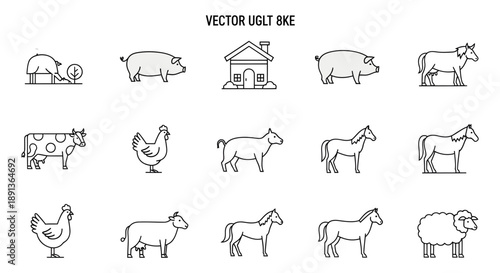 A collection of simple farm animal illustrations and a house in a minimalist line art style.