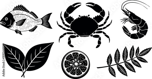 Minimalist vector art of sea fish crab shrimp with citrus slice and leaves botanical flat design illustration