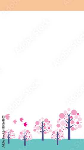 春の森のイラスト　桜と鳥の可愛い背景イラスト