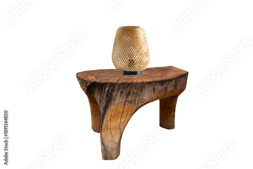 wicker table lamp on wooden table isolated on white background