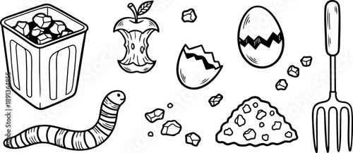 Line art compost composition with worm, apple core, eggshells, food scraps, and garden fork arranged in simple black ink style