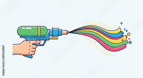 Colorful Stream Spraying from Handheld Gun, Rainbow Colors, Isolated on White