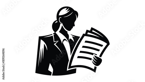 Businesswoman studying documents in a dark suit focused on reading