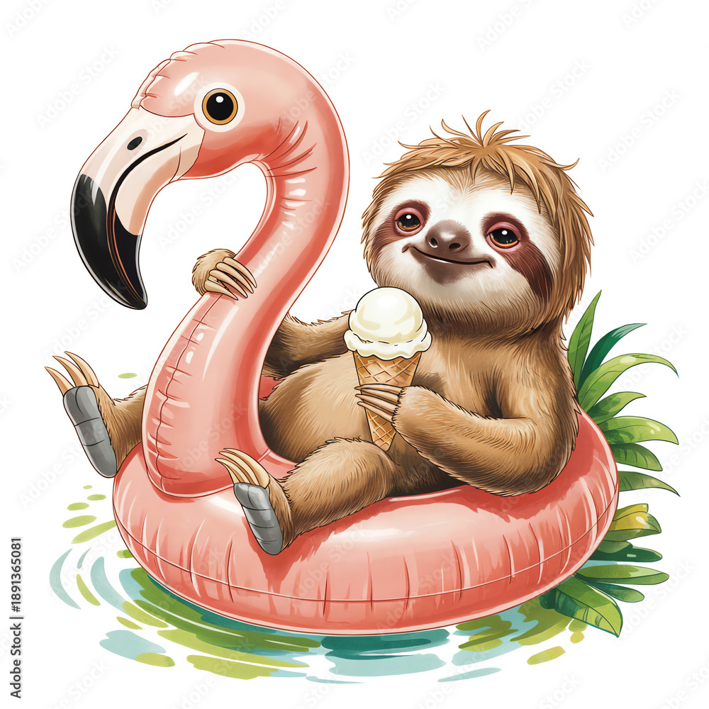 Naklejka premium A cute sloth lounges on a flamingo-shaped float while holding an ice cream cone.
