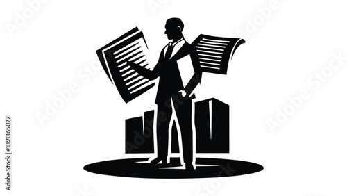 Businessman in suit standing upright examining large documents with office buildings background