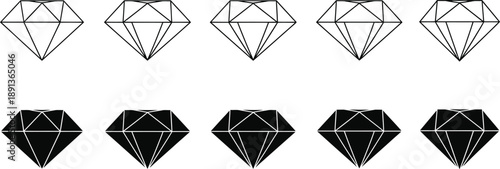 Set of Ten Black and Outline Diamond Icons on Clean White Background