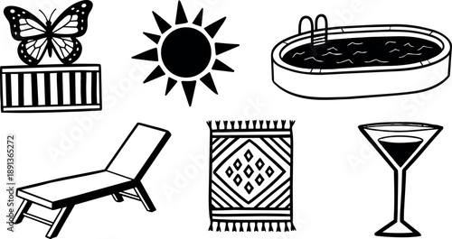 Hand drawn black line art of butterfly on fence, sun with rays, pool with ladder, recliner chair, patterned carpet and cocktail glass in sketch style