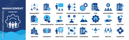 Business or organization management icon set. Containing manager, teamwork, strategy, marketing, business, planning, training, employee