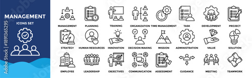 Business or organization management icon set. Containing manager, teamwork, strategy, marketing, business, planning, training, employee