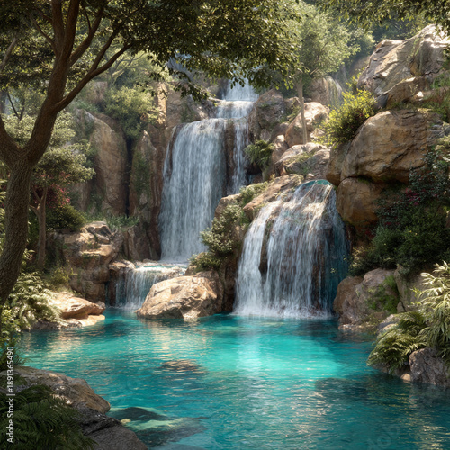 Multi-tiered waterfall with vibrant blue water and sun-drenched rocks
