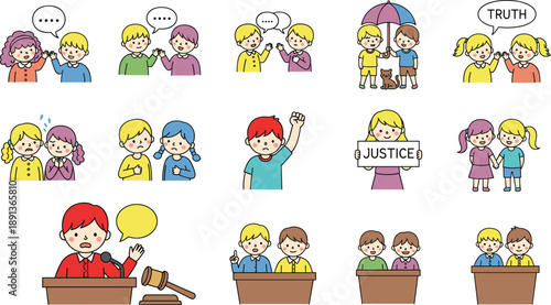 Kids learning moral values communication truth justice and responsibility through everyday situations vector illustration