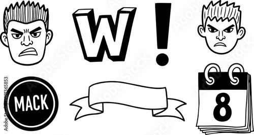 Hand drawn angry male faces with spiky hair, bold 3d block letter w and exclamation mark, calendar showing number eight and ribbon banner vector art set