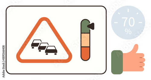 Traffic alerts, congestion monitoring, road safety, commuting tips, transport feedback, efficiency rating. Traffic warning sign with indicator and thumbs-up. Traffic alerts and congestion monitoring