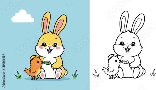 Cute cartoon yellow rabbit feeding green leaf to little orange chick, happy spring animal friendship illustration for kids, vector art.