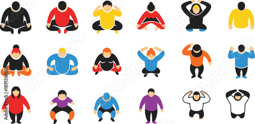 Top-down seated and squatting exercise poses, colorful outfit variations, yoga and fitness illustrations for instructional, wellness, and design use