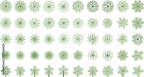 Top-down tree canopy symbols for landscape architecture, foliage design, urban planning, vector grid of stylized plant and tree icons
