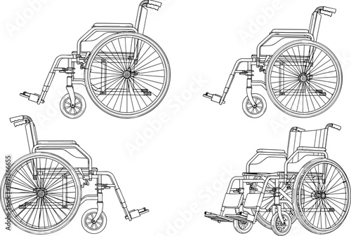 Wheelchair line art collection, medical equipment vector sketches, mobility aid icons, disability support graphics, isolated hospital furniture elements for healthcare design