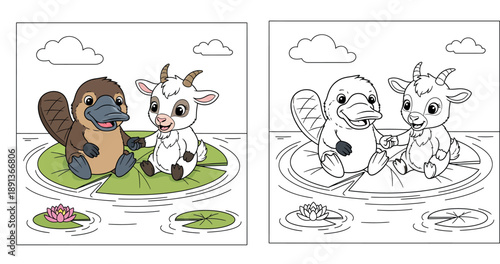 Cute cartoon platypus and white goat sitting on green lily pad in pond, happy animal friends holding hands, funny vector illustration for kids.