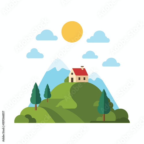 Serene Countryside Landscape with House and Mountains