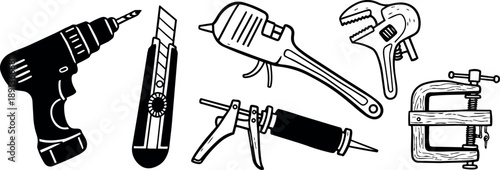 Hand drawn black and white vector set of electric drill cutter utility knife glue gun wrench and clamp tools in vintage style isolated on white background
