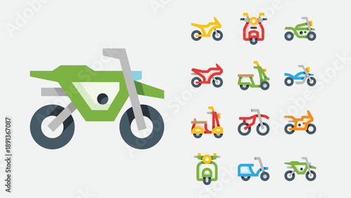 Motorbikes and motorcycle transport icons set