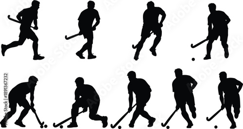 Set of Field Hockey Player Silhouettes Collection Featuring Male Athletes in Action Poses with Sticks and Balls Isolated on a White Background Vector