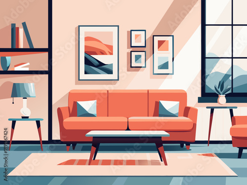 A brightly lit living room with a coral sofa and modern artwork