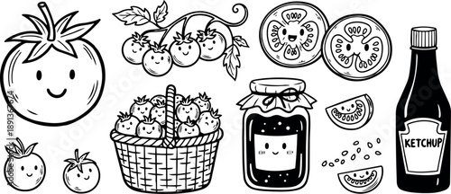 Whimsical line art close up smiling tomato characters in basket with sliced tomatoes jam jar and ketchup bottle playful flat vector