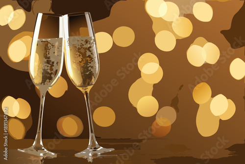 Two champagne flutes clink together against a blurred golden bokeh background