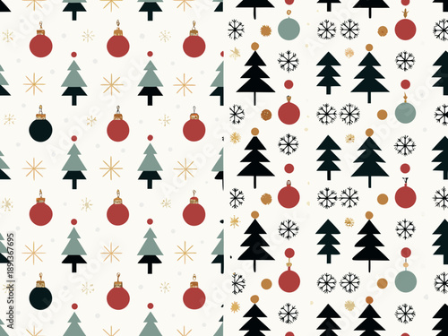 Festive christmas pattern with ornaments trees and snowflakes on cream