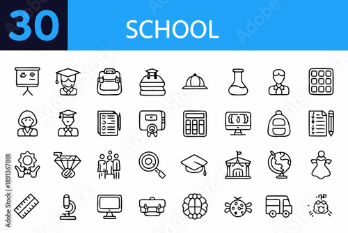 School icons and symbols arranged in a grid with the number thirty