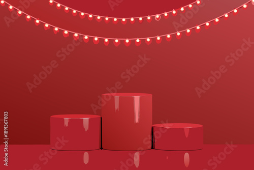 Red stage setup with heart shaped lights and cylindrical platforms