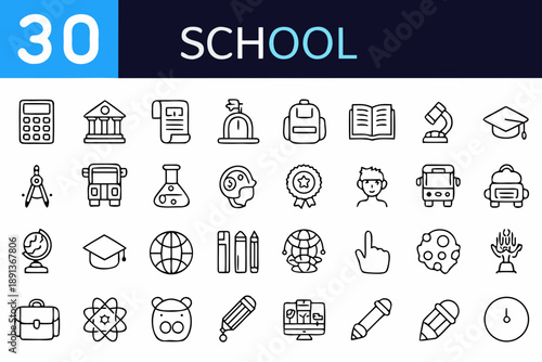 School themed icons and number thirty displayed in a graphic design
