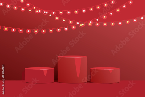 Red minimalist stage with cylindrical platforms and hanging string lights