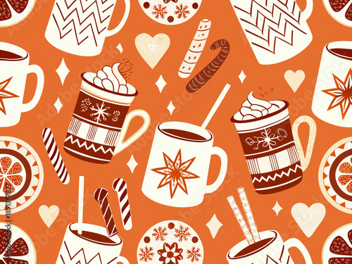 Festive winter pattern featuring hot drinks sweets and seasonal decorations
