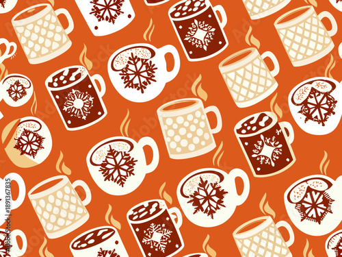 Seamless pattern of hot beverages with winter snowflake designs on orange
