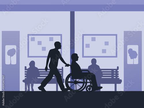 A caregiver assists a patient in a wheelchair down a hospital hallway
