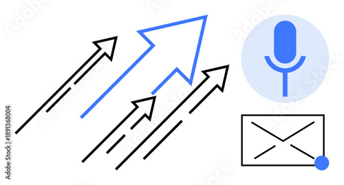 Business growth, communication, email marketing, digital strategy, upward trends, innovation. Multiple arrows pointing upward, microphone and email symbol. Business growth and communication concept