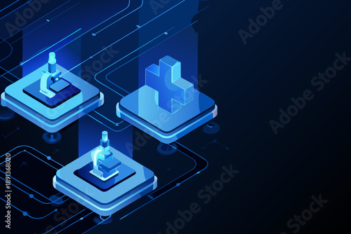 Abstract representation of medical technology with glowing blue digital platforms