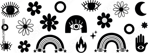 Boho line art icon set featuring third eye, double rainbows, daisy flowers, crescent moon, palm with eye, navy vector