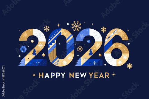 Stylized depiction of the year 2026 with winter elements and celebratory text