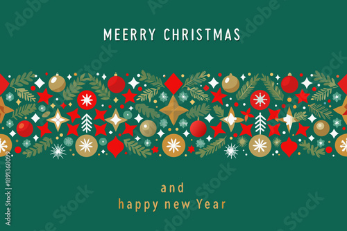 Festive christmas and new year border with ornaments and foliage