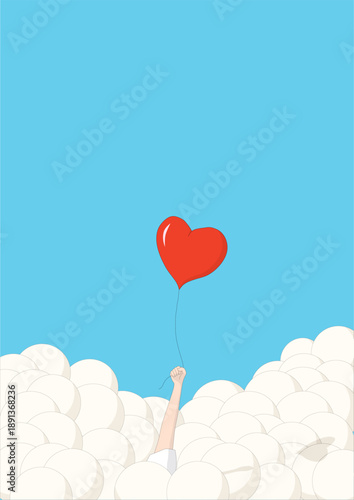 Vector illustration of round clouds with a human hand reaching out holding a red heart love shape balloon.