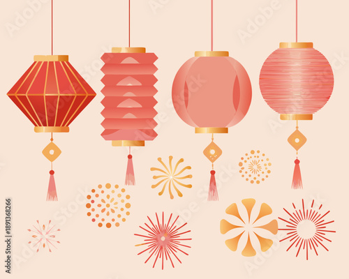 A collection of red and peach colored lanterns with festive decorations