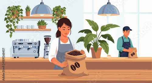 Vector illustration of a coffee shop scene with baristas preparing coffee beans